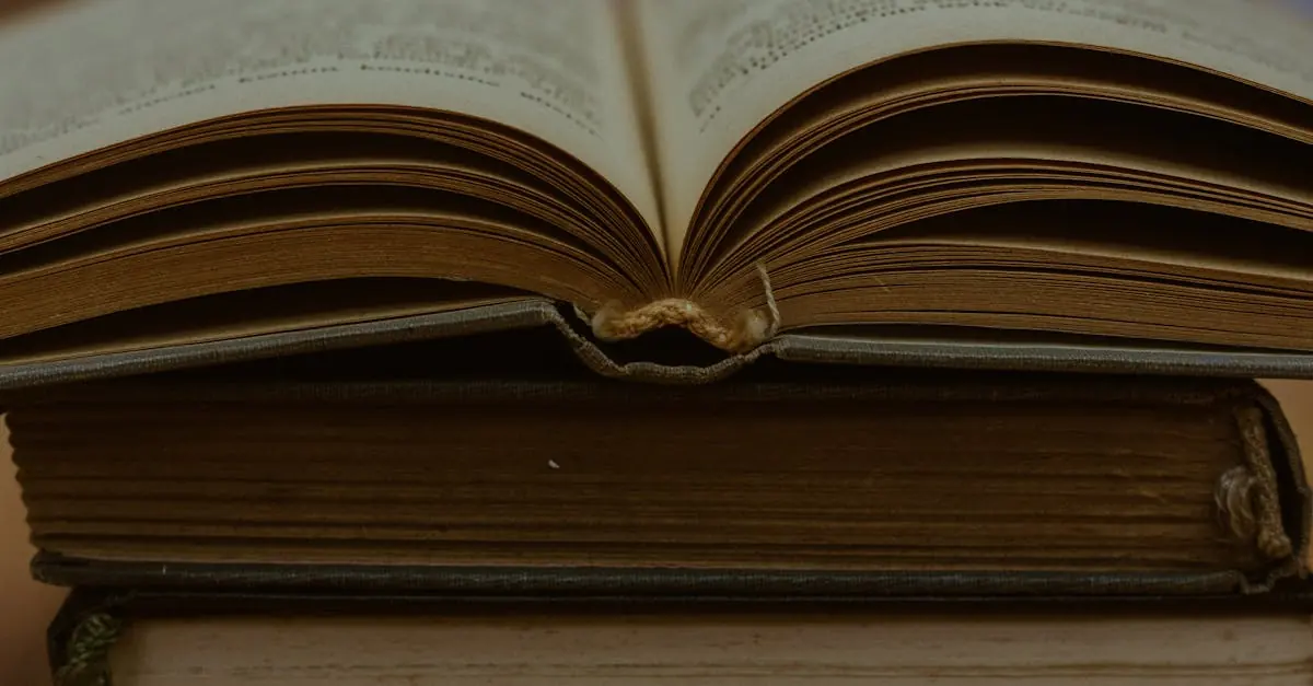 An old open hardcover book with blurred pages
